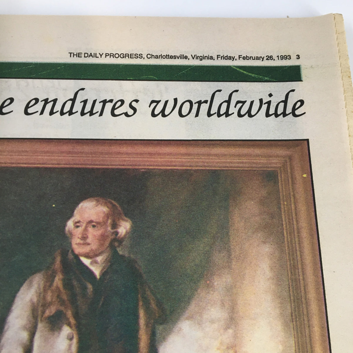 The Daily Progress Magazine February 26 1993 cover featuring a prominent portrait and the phrase 'endures worldwide,' highlighting Thomas Jefferson's 250th birthday.