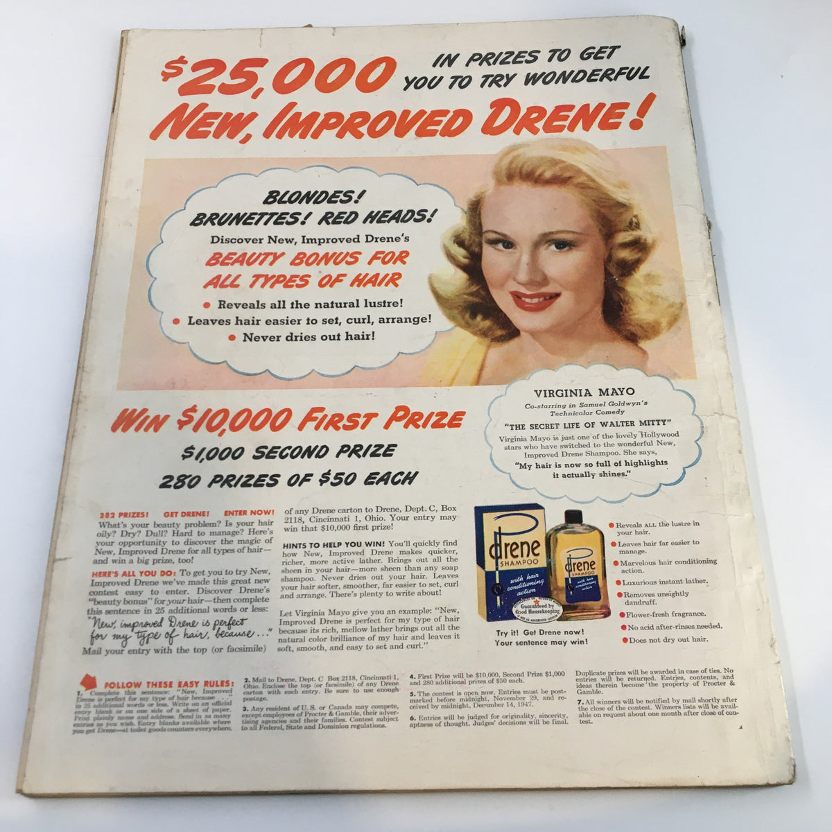 Back cover advertisement from VTG McCall's Magazine November 1947 featuring a promotion for Drene shampoo, illustrating vintage beauty marketing.