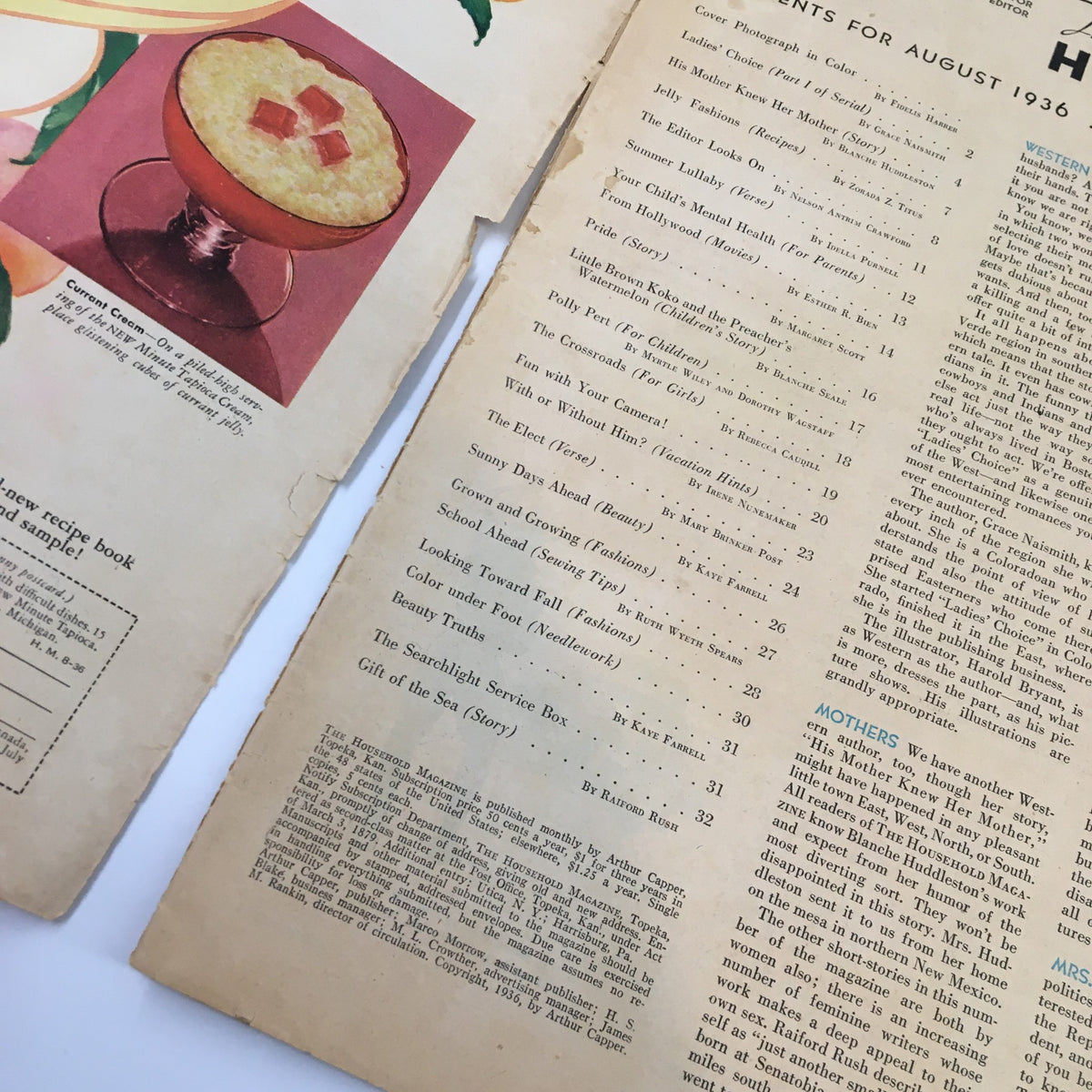 Inside view of the VTG Household Magazine August 1936, featuring the content list with colorful illustrations and articles reflecting the culture of the time.