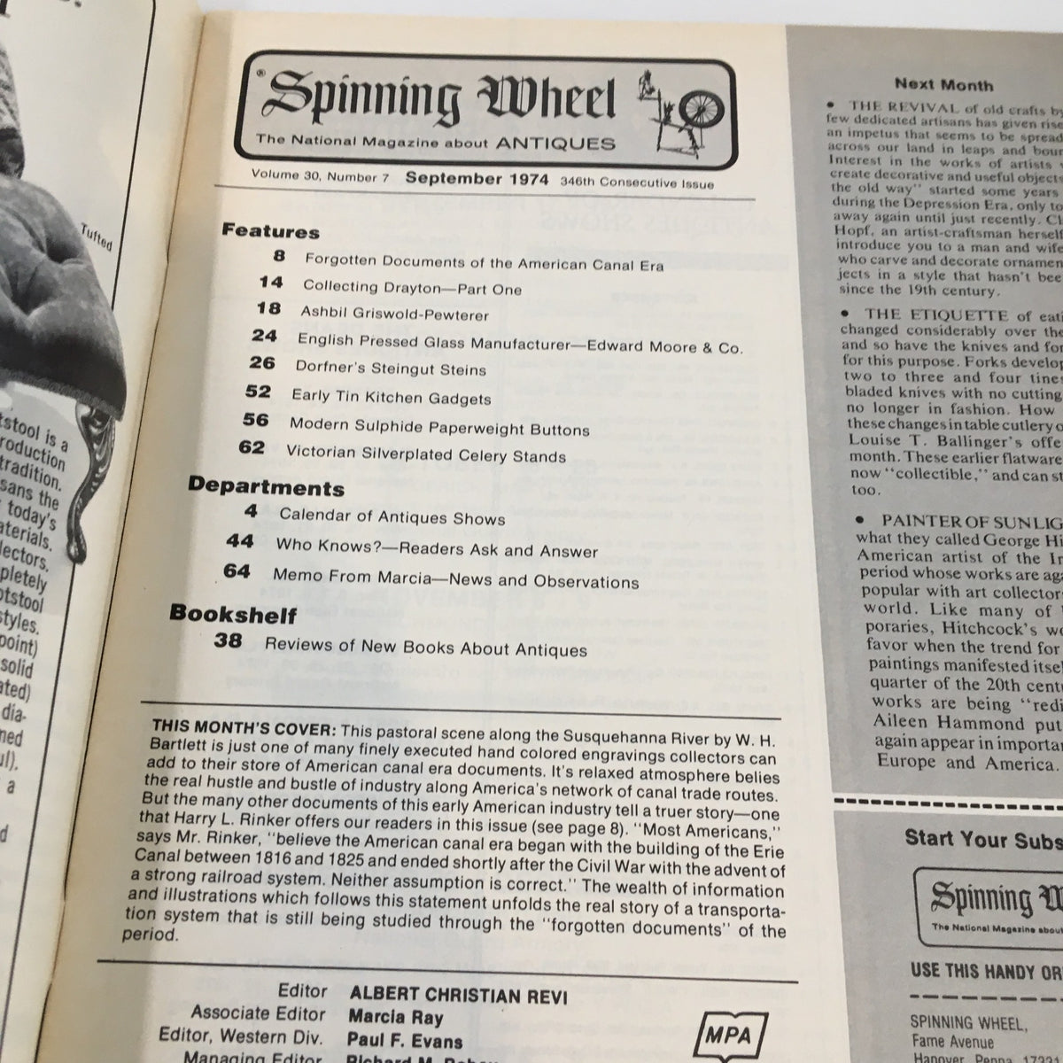 Table of contents from the September 1974 issue of Spinning Wheel Magazine, highlighting features on collecting antiques and crafting techniques from the 1970s.
