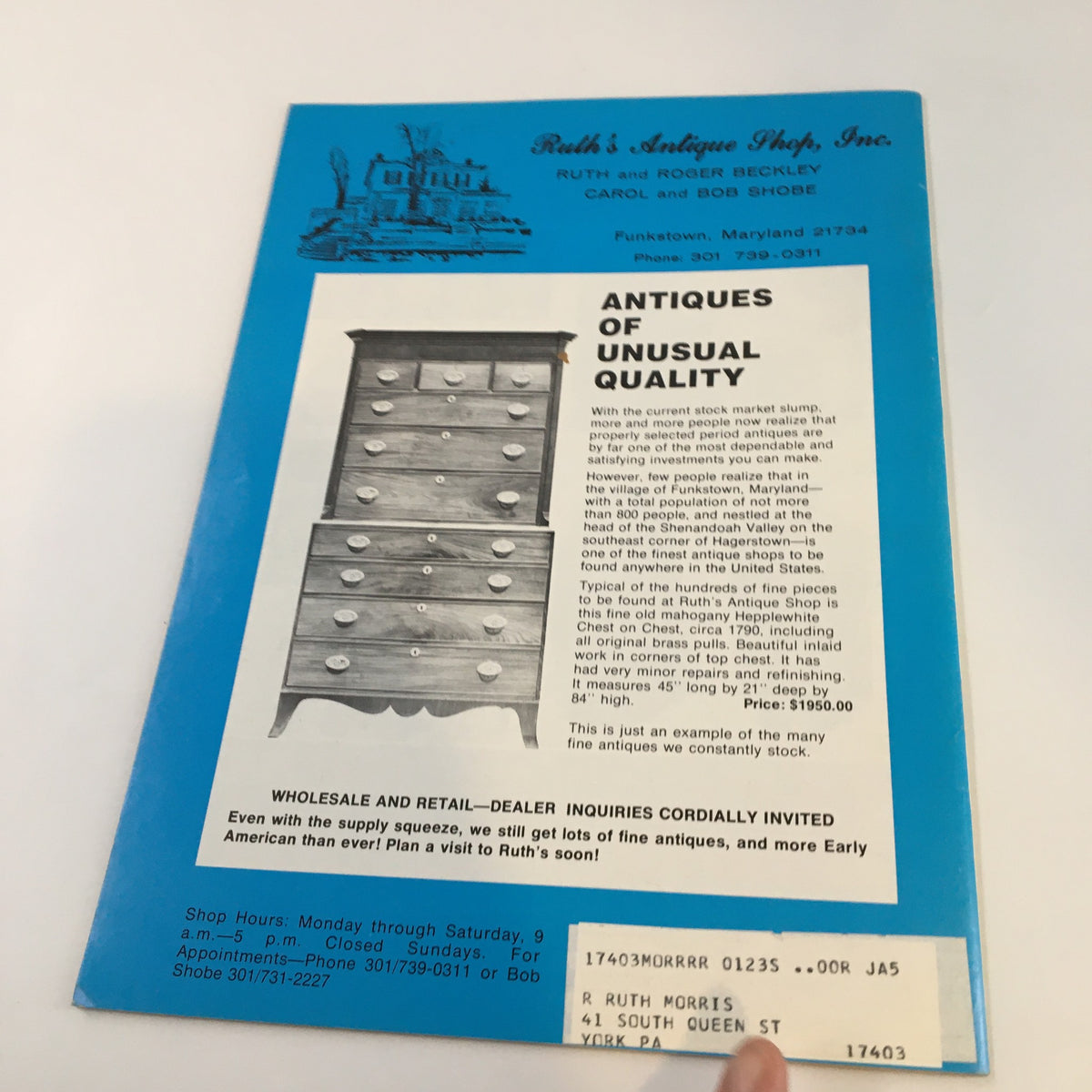 Back cover of the September 1974 issue of Spinning Wheel Magazine, advertising Ruth's Antique Shop with emphasis on antiques of unusual quality.
