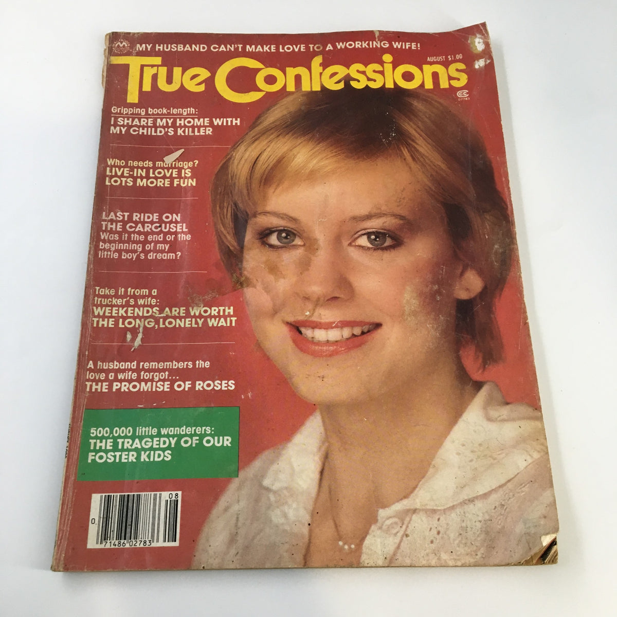 Cover of VTG True Confessions Magazine August 1980 titled 'My Mother's Strange Legacy' featuring a woman with short blond hair smiling, showcasing the magazine's intriguing articles and vintage aesthetic.