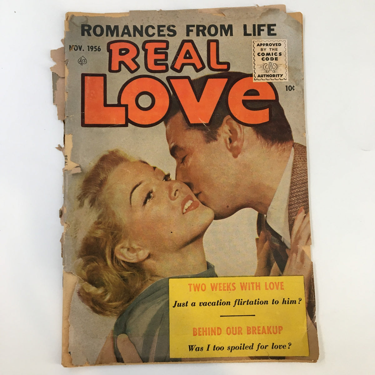 Cover of VTG Real Love Magazine November 1956 featuring romantic imagery and the title 'REAL LOVE'. The cover includes tags for 'Two Weeks With Love' and 'Behind Our Breakup'.