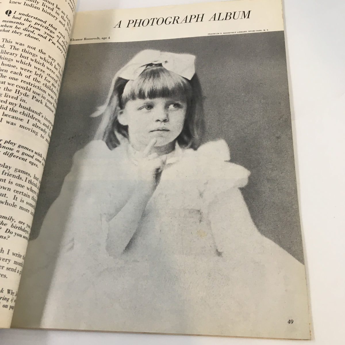Page from '1962 A Tribute To The Wisdom of Eleanor Roosevelt' featuring a childhood photograph of Eleanor Roosevelt.
