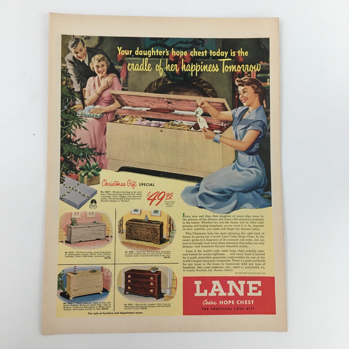 1950s vintage advertisement for Lane Hope Chest, depicting a woman picking a gift from a hope chest while promoting special Christmas prices, highlighting nostalgia and practicality.