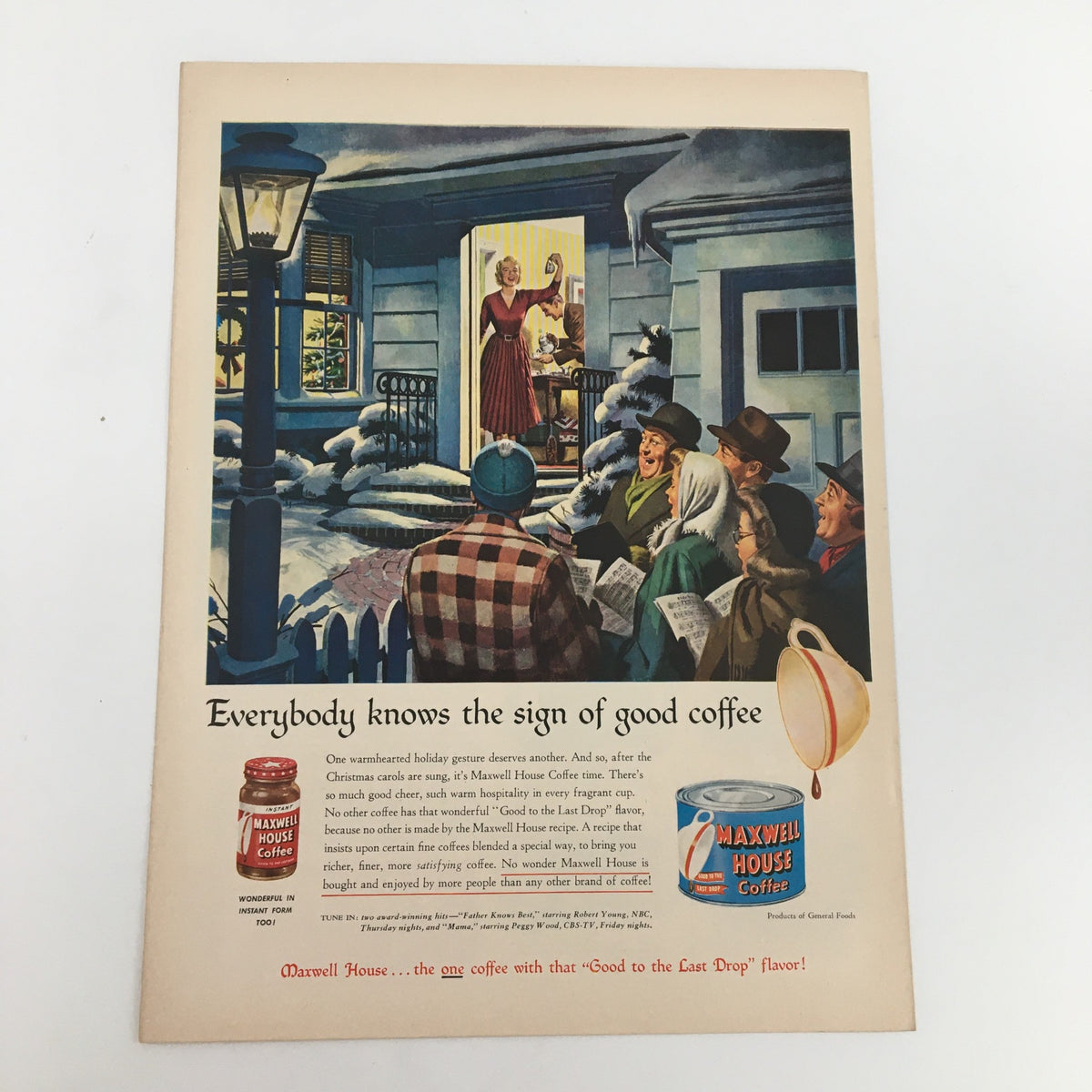 1950 Maxwell House Roasted Instant Coffee Vintage Print Ad featuring a cozy winter scene with people enjoying coffee, showcasing the tagline 'Good to the Last Drop' from Maxwell House.