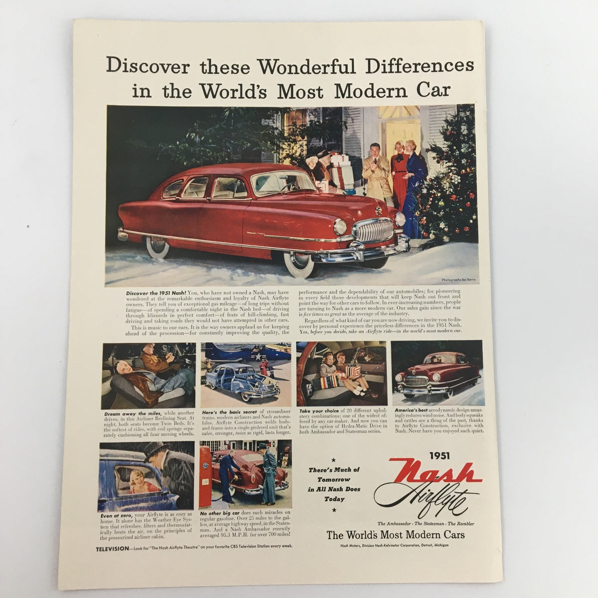 Vintage print advertisement showcasing the 1950 Nash Airflyte 600 Line Statesman Super Car, featuring a captivating illustration, family gathered around the car during the holiday season, highlighting its aerodynamic design and mid-century charm.