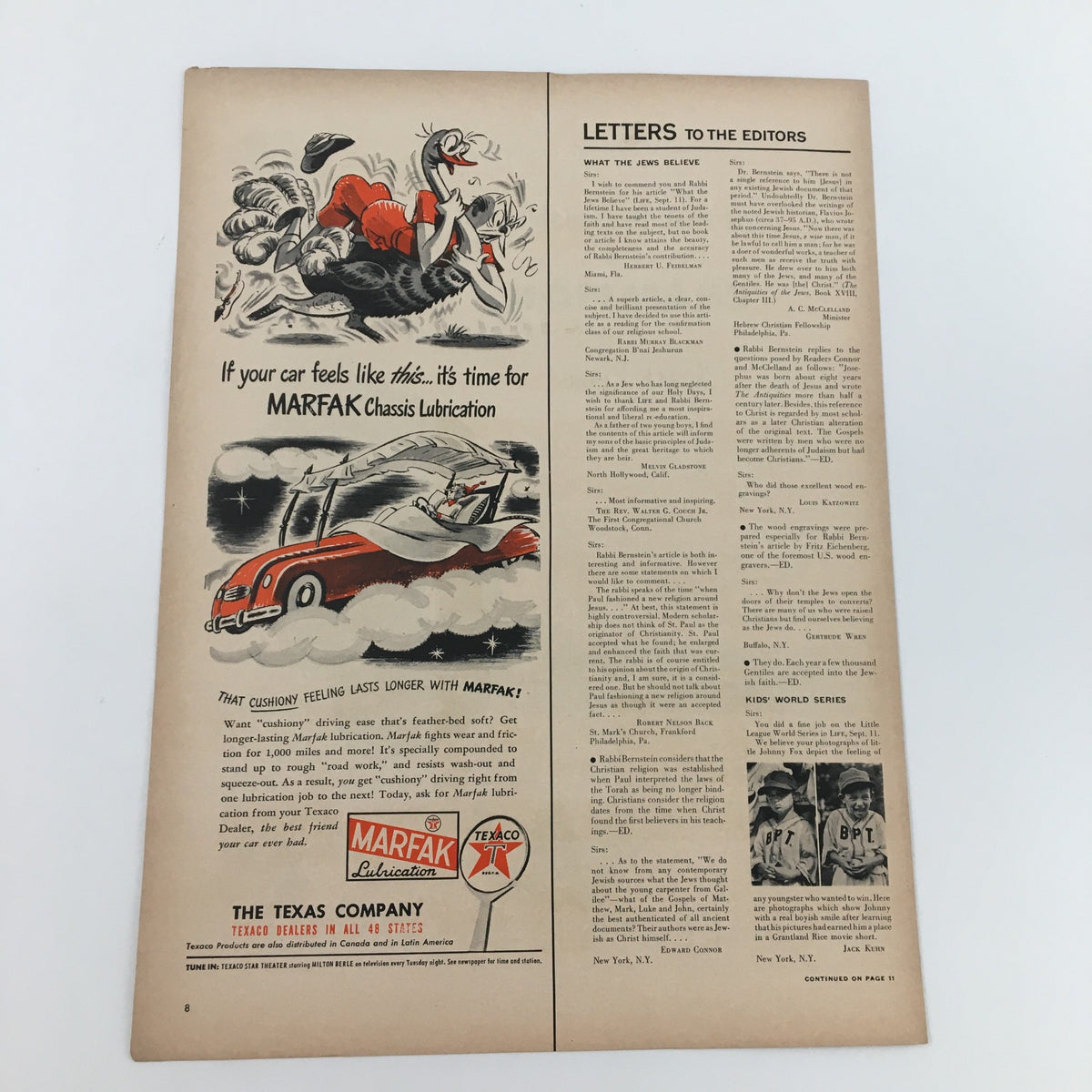 Vintage print ad featuring 1950 Texas Company Marfak Chassis Lubrication, showcasing a colorful illustration with a car and humorous text about automotive care.