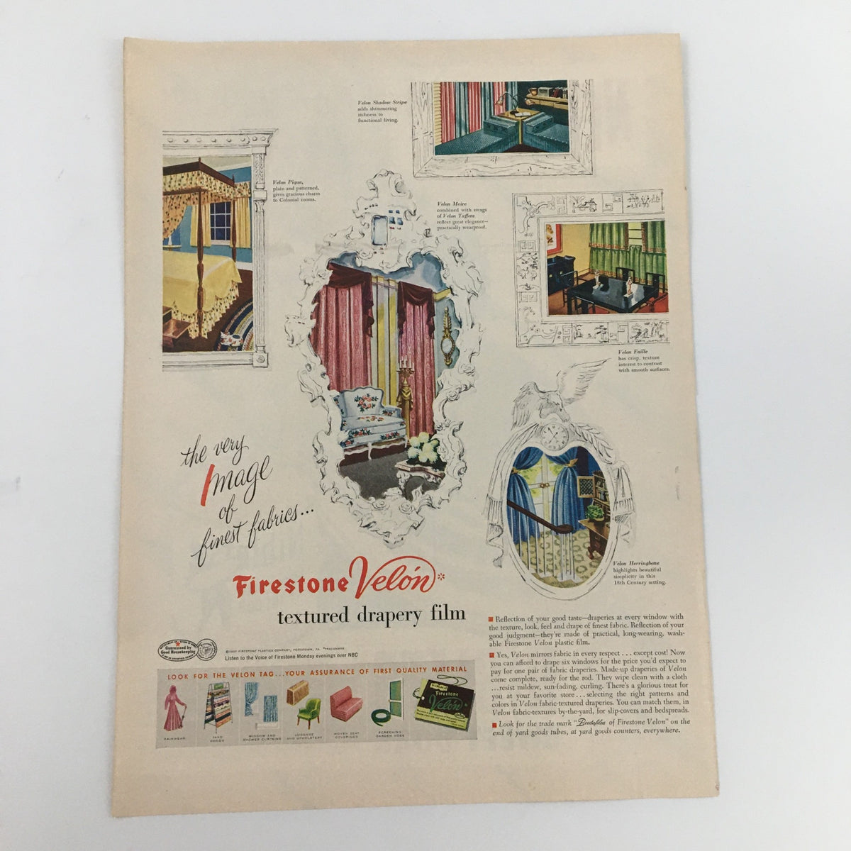 Vintage advertising for Firestone Velon textured drapery film, showcasing various interior décor styles and color schemes.