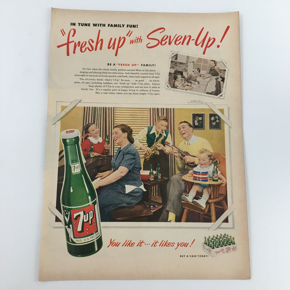 Vintage 1950 Packard Super Deluxe Eight Club Getaway Classics print advertisement featuring a family enjoying Seven-Up drinks, showcasing classic Americana style.