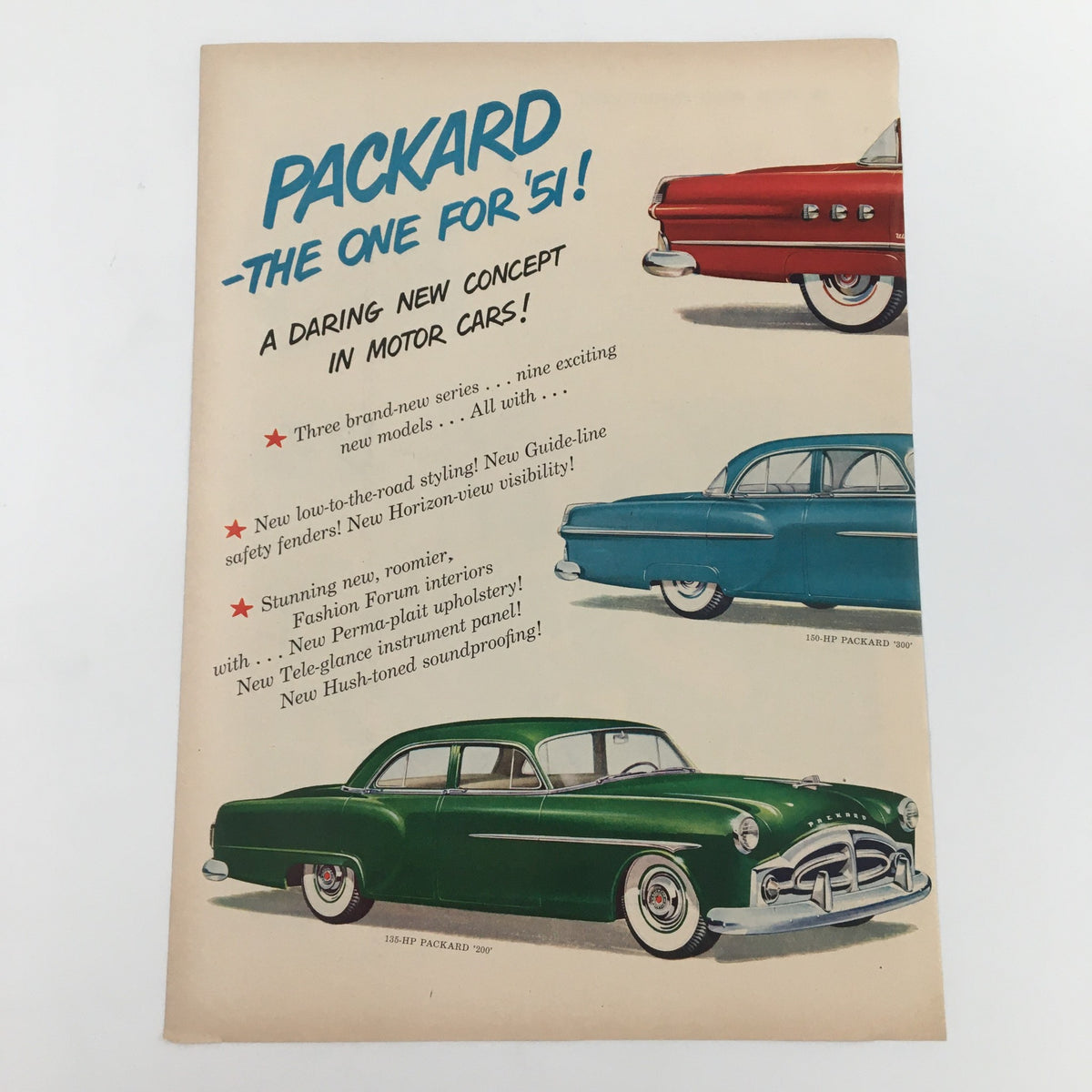 Vintage print advertisement featuring the 1950 Packard Super Deluxe Eight, showcasing classic automotive design and style, part of the Club Getaway Classics collection.