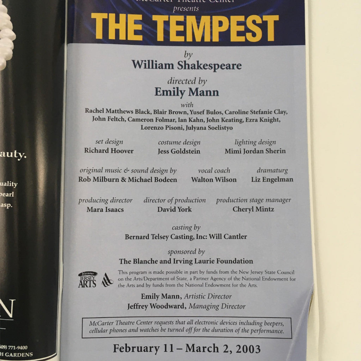 Inside page of 'The Tempest' program detailing cast and production information from the 2003 McCarter Theater Center performance.