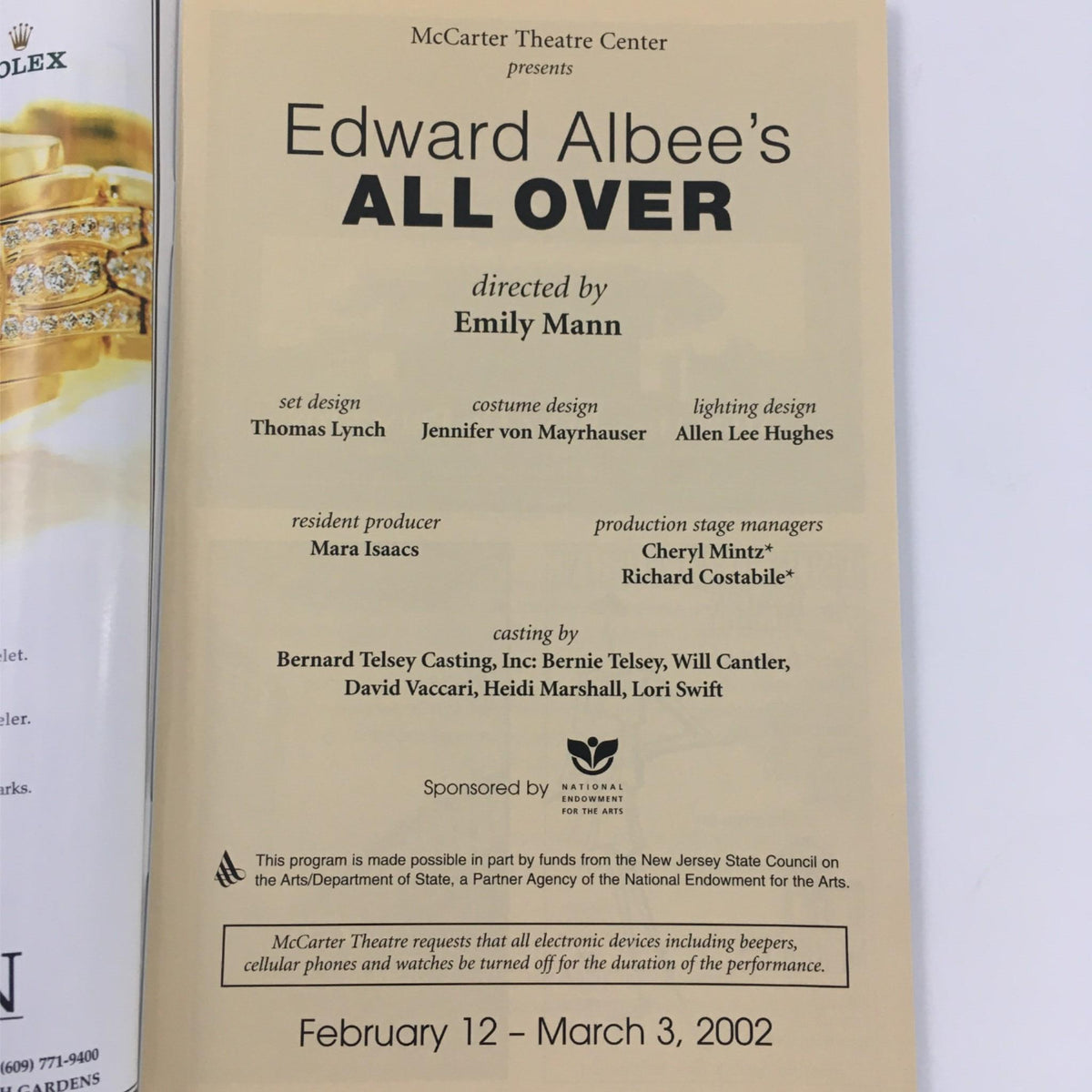 Inside page of the 2002 All Over at McCarter Theatre Center magazine, detailing the production credits and creative team including set design and lighting design.
