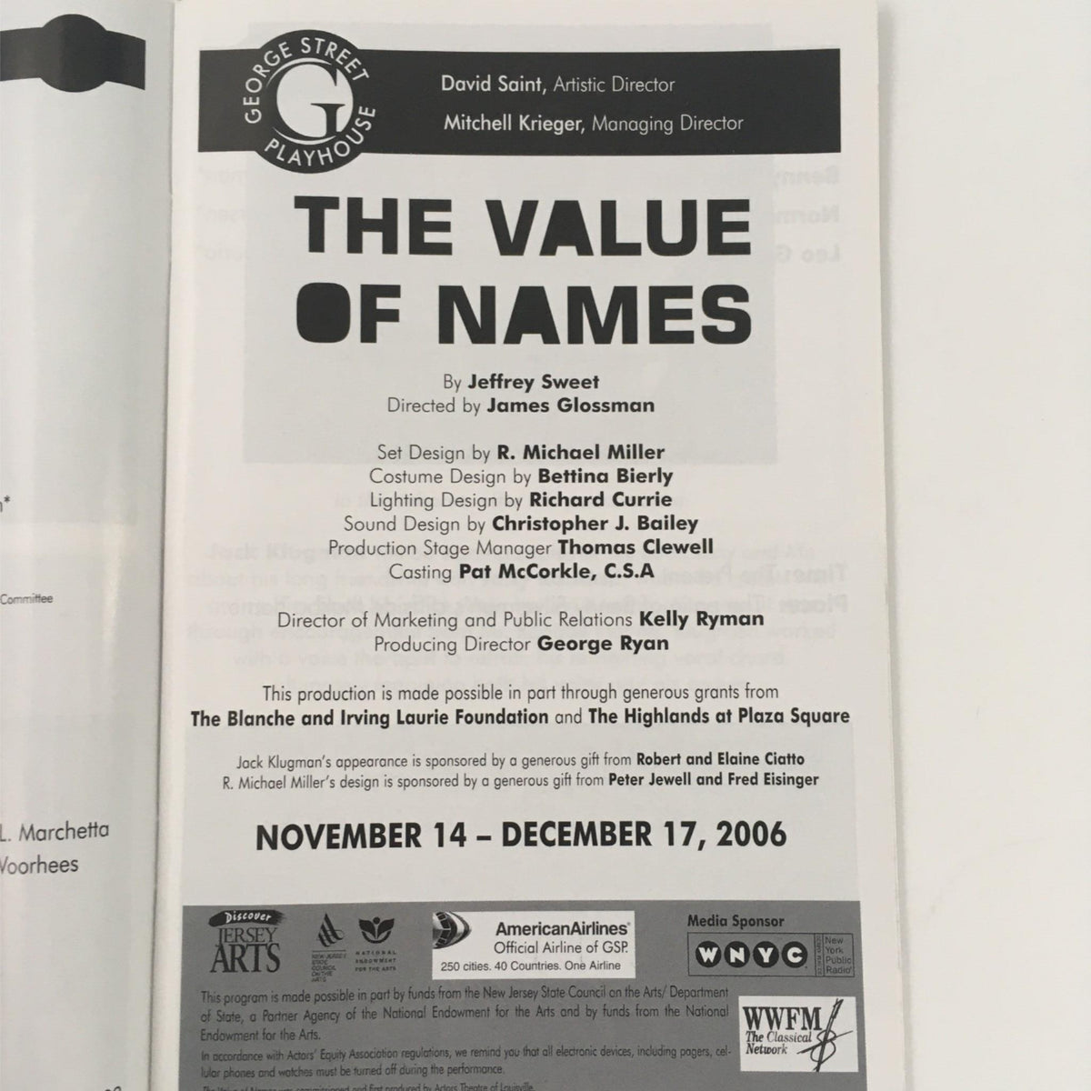 Inside page of 'The Value of Names' program at George Street Playhouse by Jeffrey Sweet, detailing the creative team and production credits.