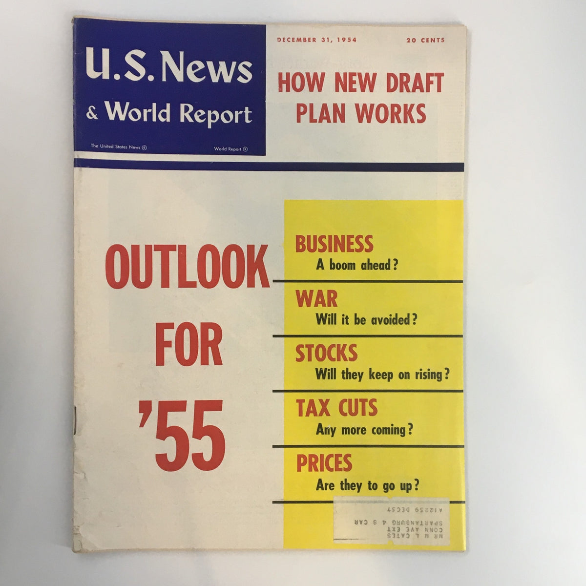 Cover of US News & World Report Magazine dated December 31, 1954, featuring headlines on the new draft plan, business outlook, war prospects, stock market trends, tax cuts, and price predictions for 1955.