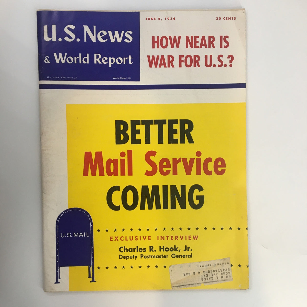 US News & World Report Magazine Cover from June 4, 1954 featuring the headline 'Better Mail Service Coming' and an exclusive interview with Charles R. Hook, Jr., Deputy Postmaster General.