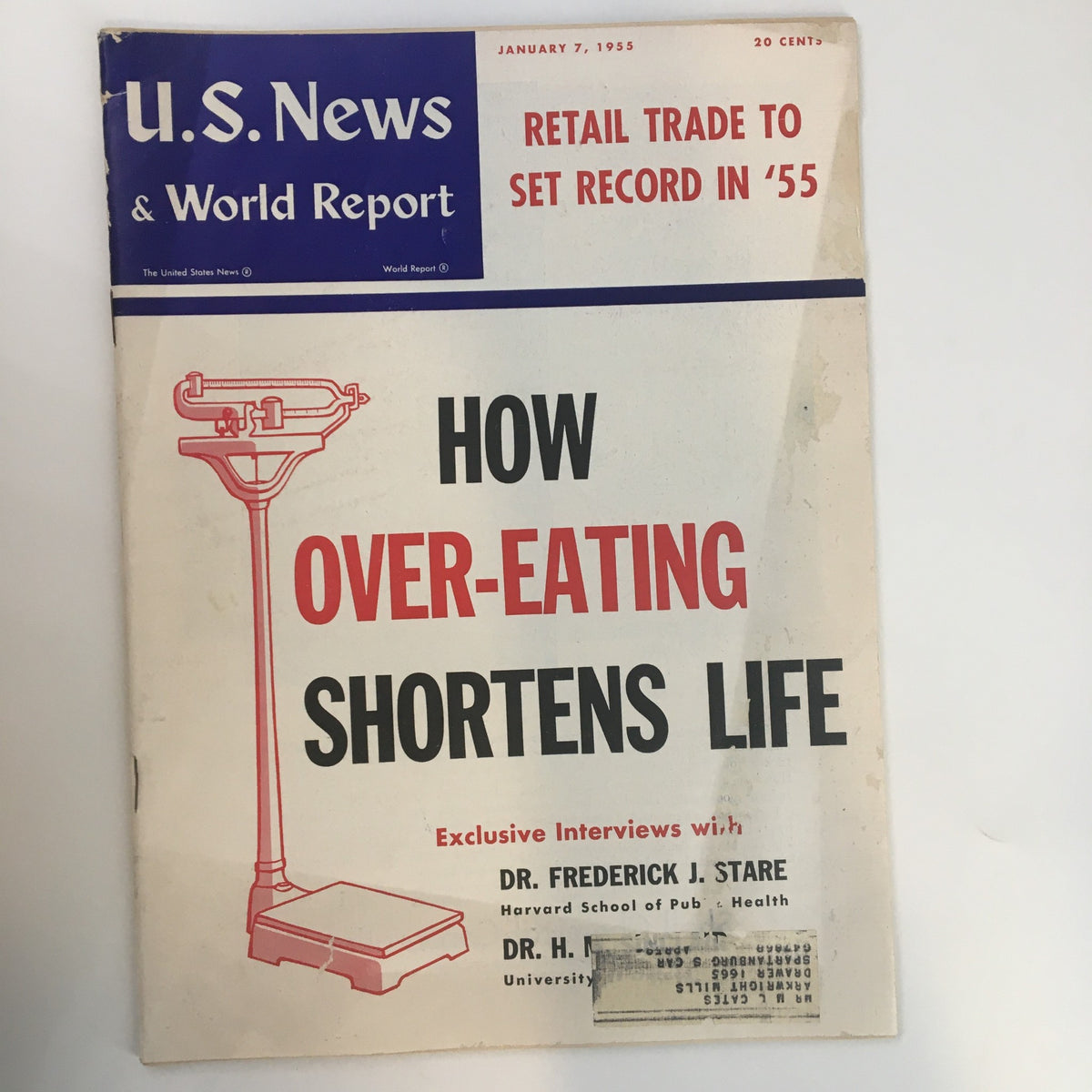 Cover of US News & World Report Magazine from January 7, 1955, featuring the headline 'How Over-Eating Shortens Life' and a vintage scale image.
