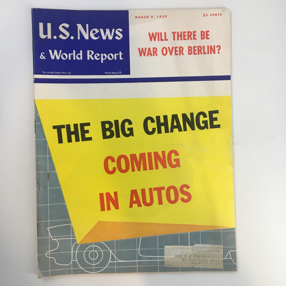 Cover of US News & World Report Magazine from March 9, 1959 featuring the title 'The Big Change Coming in Autos' along with an additional headline about Berlin.
