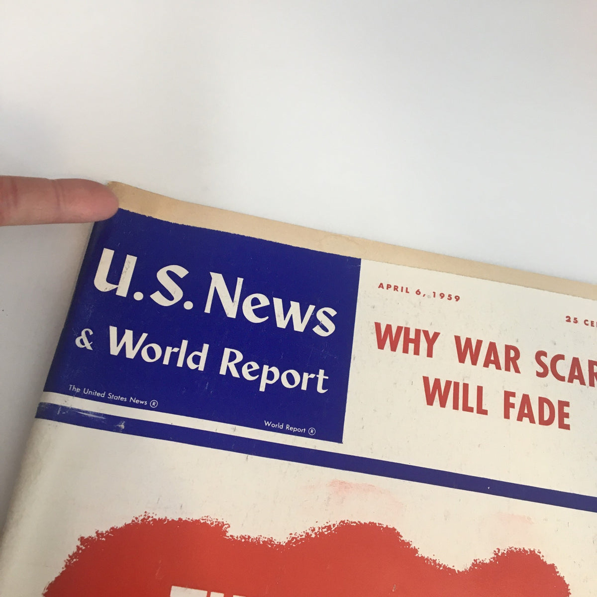 Detail view of the US News & World Report Magazine cover from April 6, 1959, highlighting its title and date.