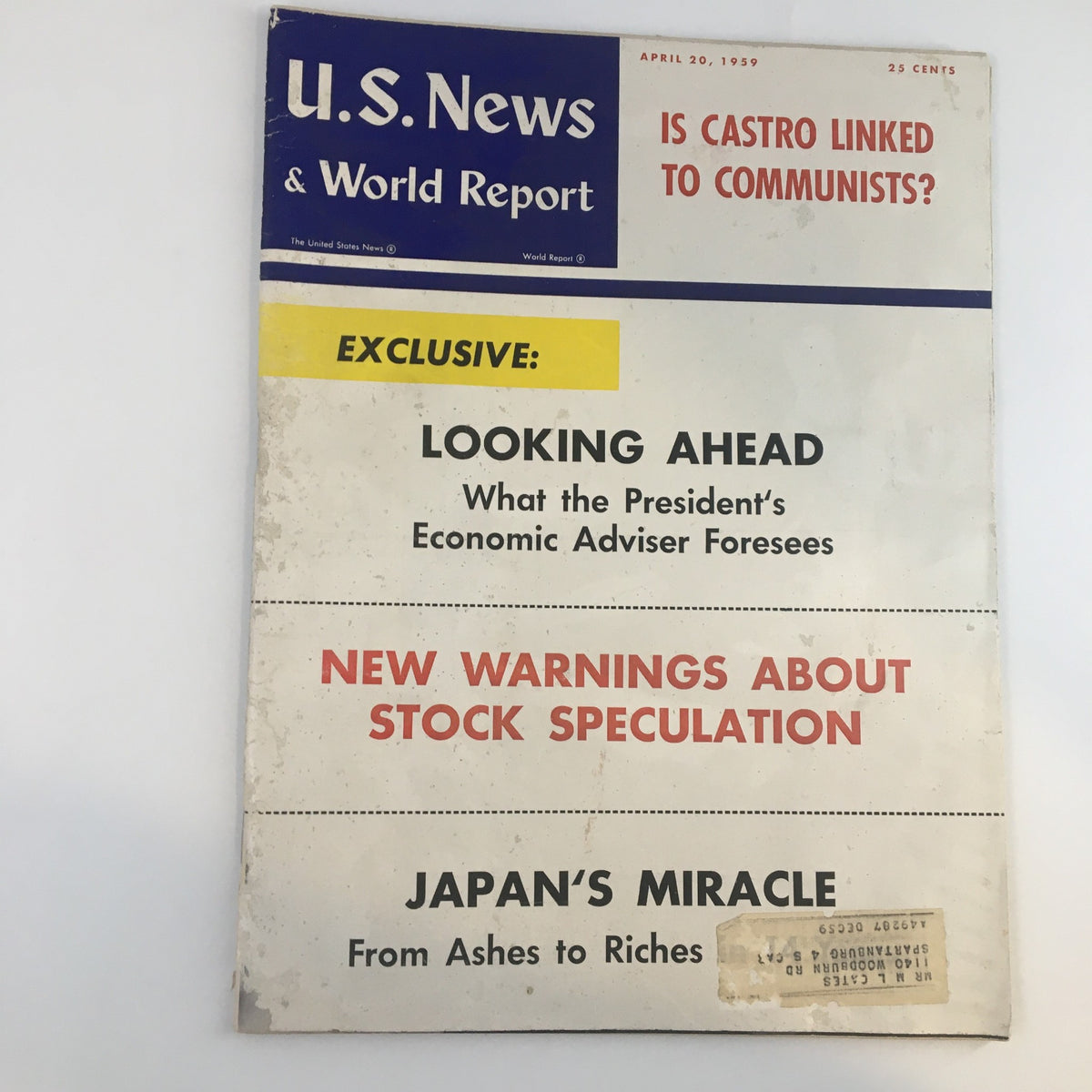 Cover of US News & World Report Magazine from April 20, 1959, featuring the title 'Japan's Miracle: From Ashes to Riches,' along with articles on economic forecasts and stock speculation.