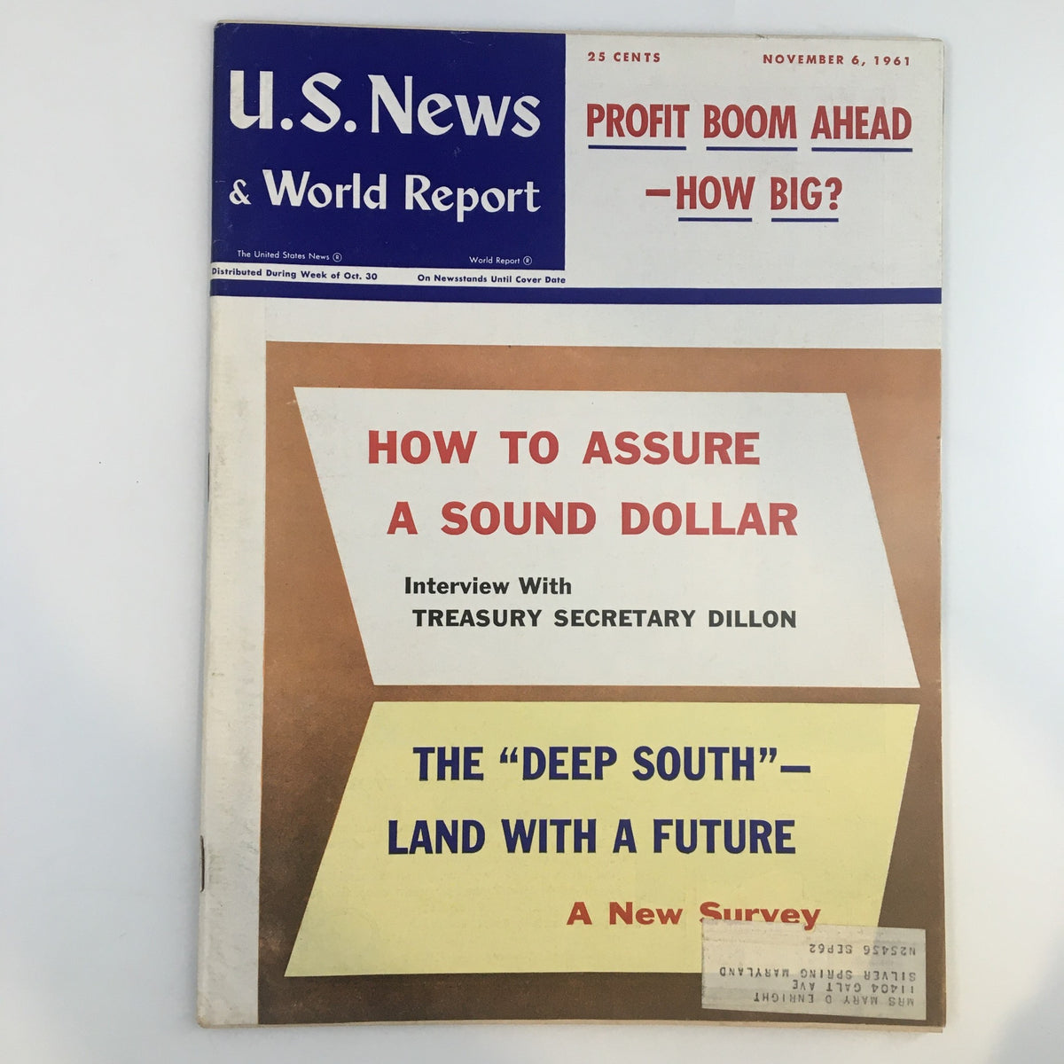 Cover of US News & World Report Magazine from November 6, 1961 featuring the title 'How To Assure A Sound Dollar' alongside articles on economic topics and an interview with Treasury Secretary Dillon.