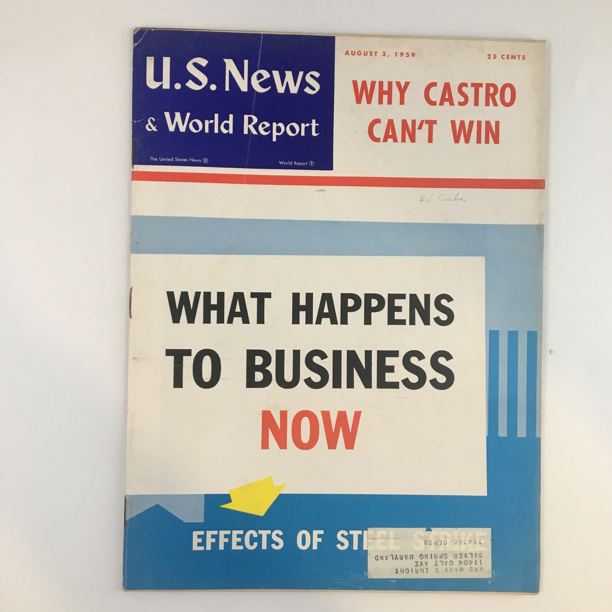 Cover of US News & World Report Magazine dated August 3, 1959, featuring the title 'What Happens To Business Now' along with the subtitle 'Why Castro Can’t Win' and a display of business-related graphics.