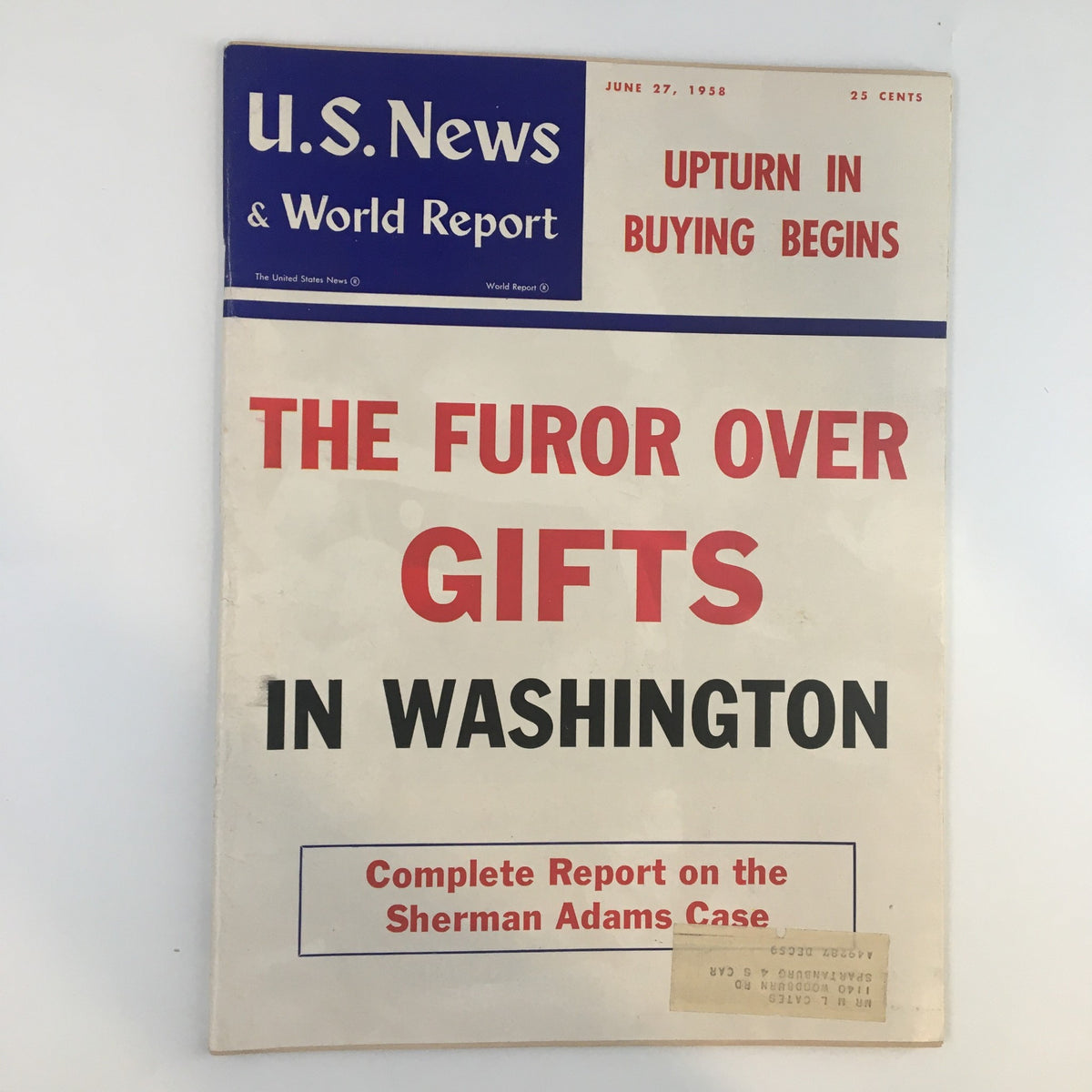 US News & World Report Magazine June 27 1958 cover featuring the headline 'Upturn in Buying Begins' and an article titled 'The Furor Over Gifts in Washington' with a complete report on the Sherman Adams case.