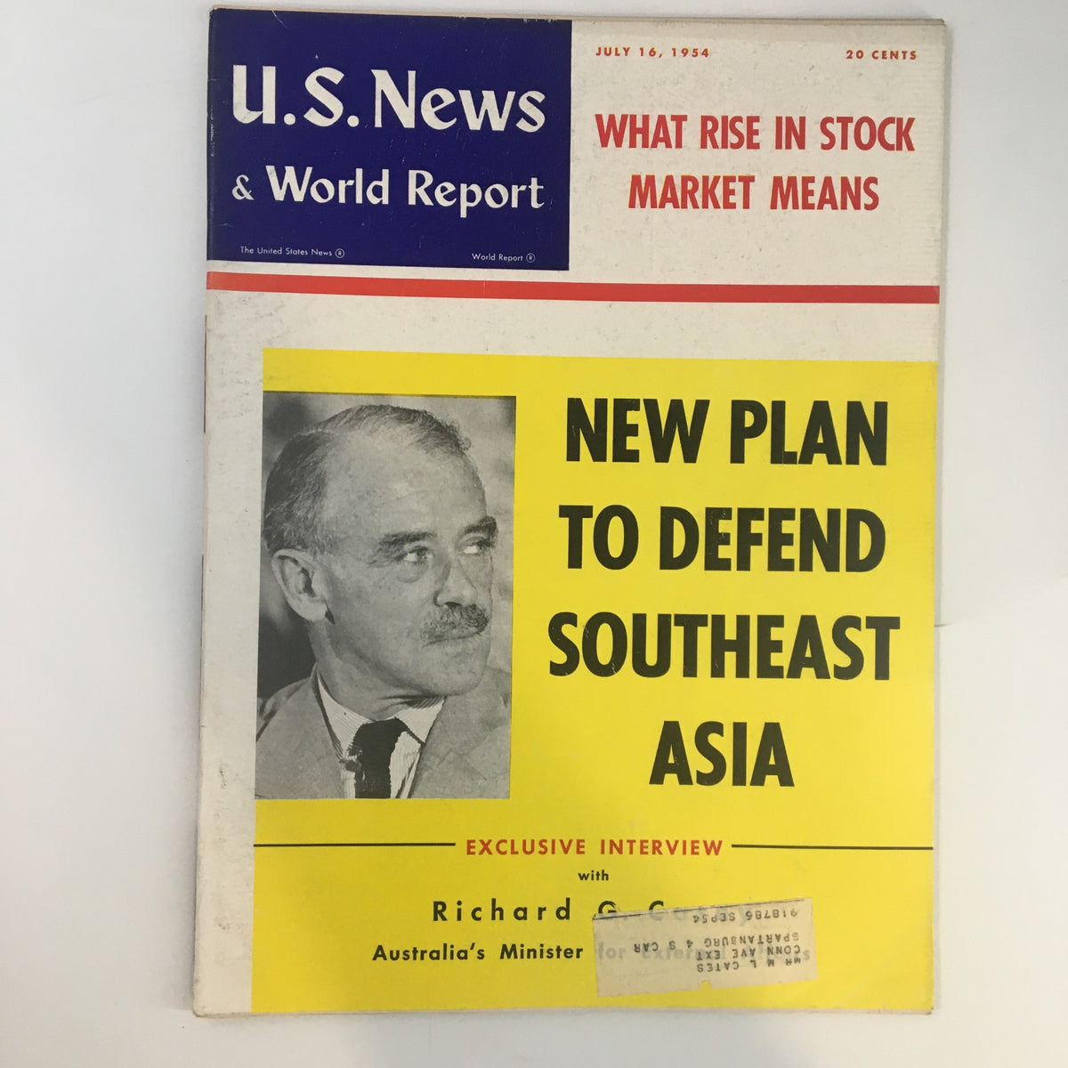 Cover of US News & World Report Magazine dated July 16, 1954, featuring the headline 'New Plan to Defend Southeast Asia' and an exclusive interview with Richard G. Casey, Australia's Minister.