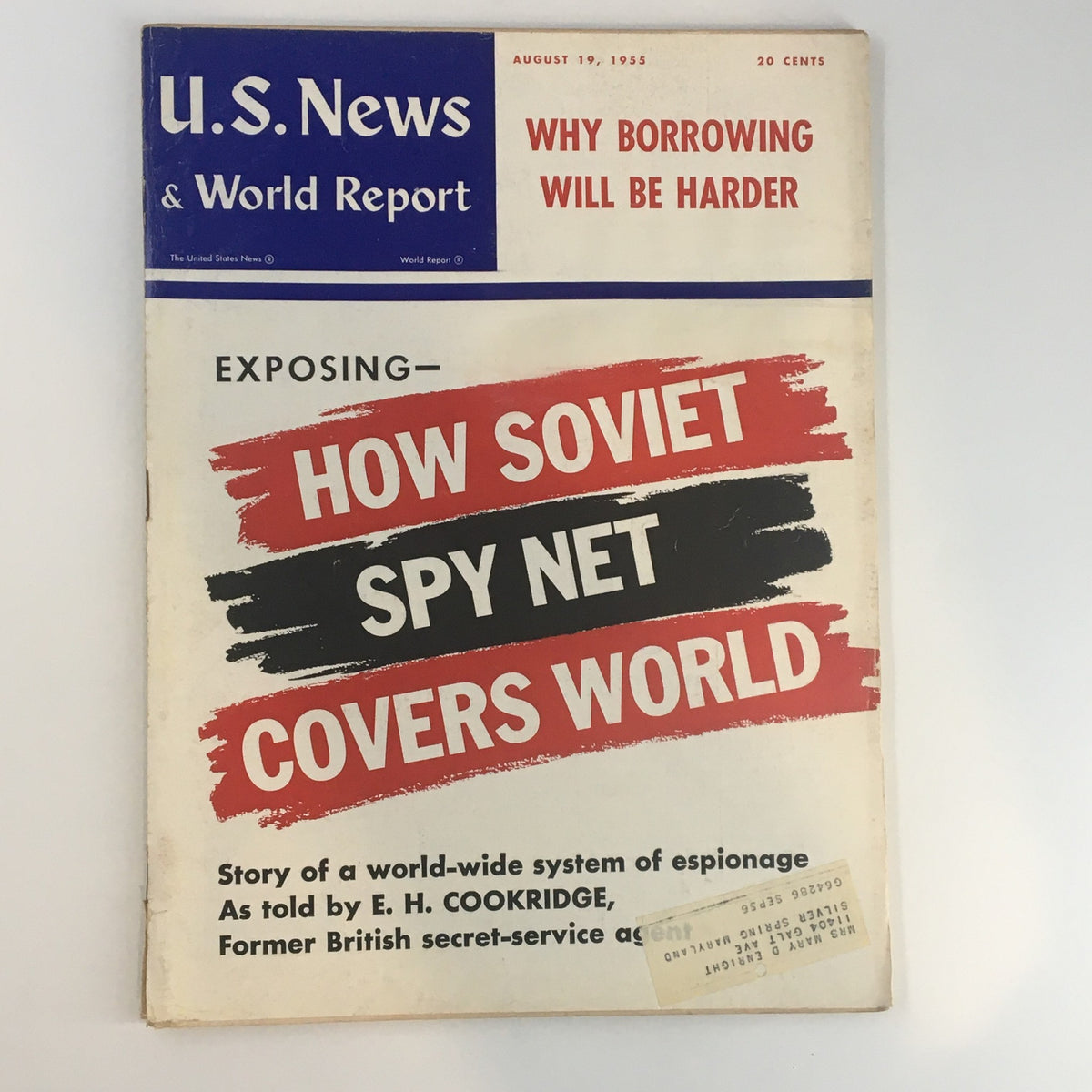 Cover of US News & World Report Magazine from August 19, 1955 featuring the headline 'How Soviet Spy Net Covers World' and an analysis of global espionage during the Cold War.