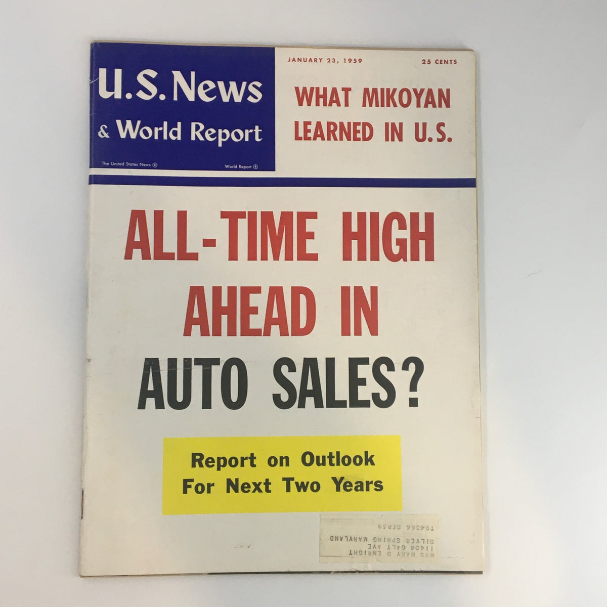 Cover of US News & World Report Magazine January 23, 1959 featuring the headline 'All-Time High Ahead in Auto Sales?'. The magazine includes a report on the automotive industry's outlook for the next two years.