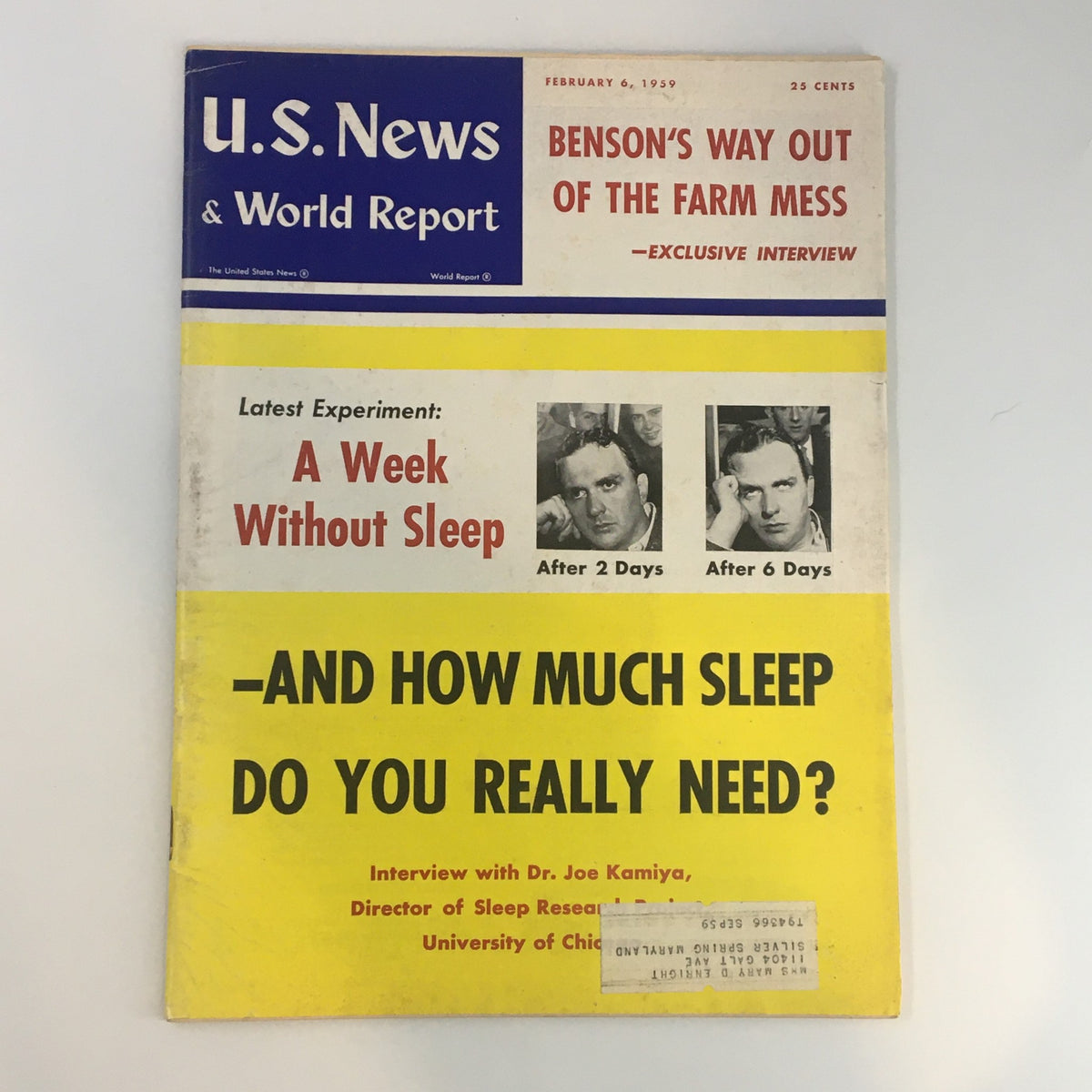 US News & World Report Magazine from February 6, 1959, featuring the cover story 'A Week Without Sleep' with images of a man after 2 days and 6 days without sleep, showcasing insights into mid-20th century culture.