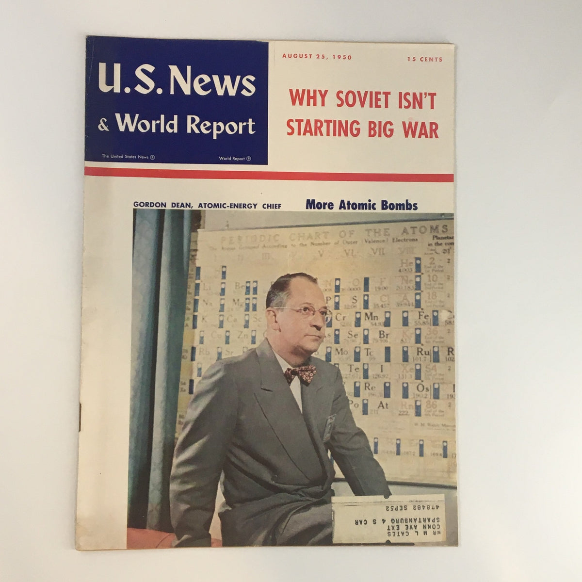 Cover of United States News World Report August 25 1950 featuring Gordon Dean, Atomic-Energy Chief, with a headline discussing Soviet military stance and atomic developments.