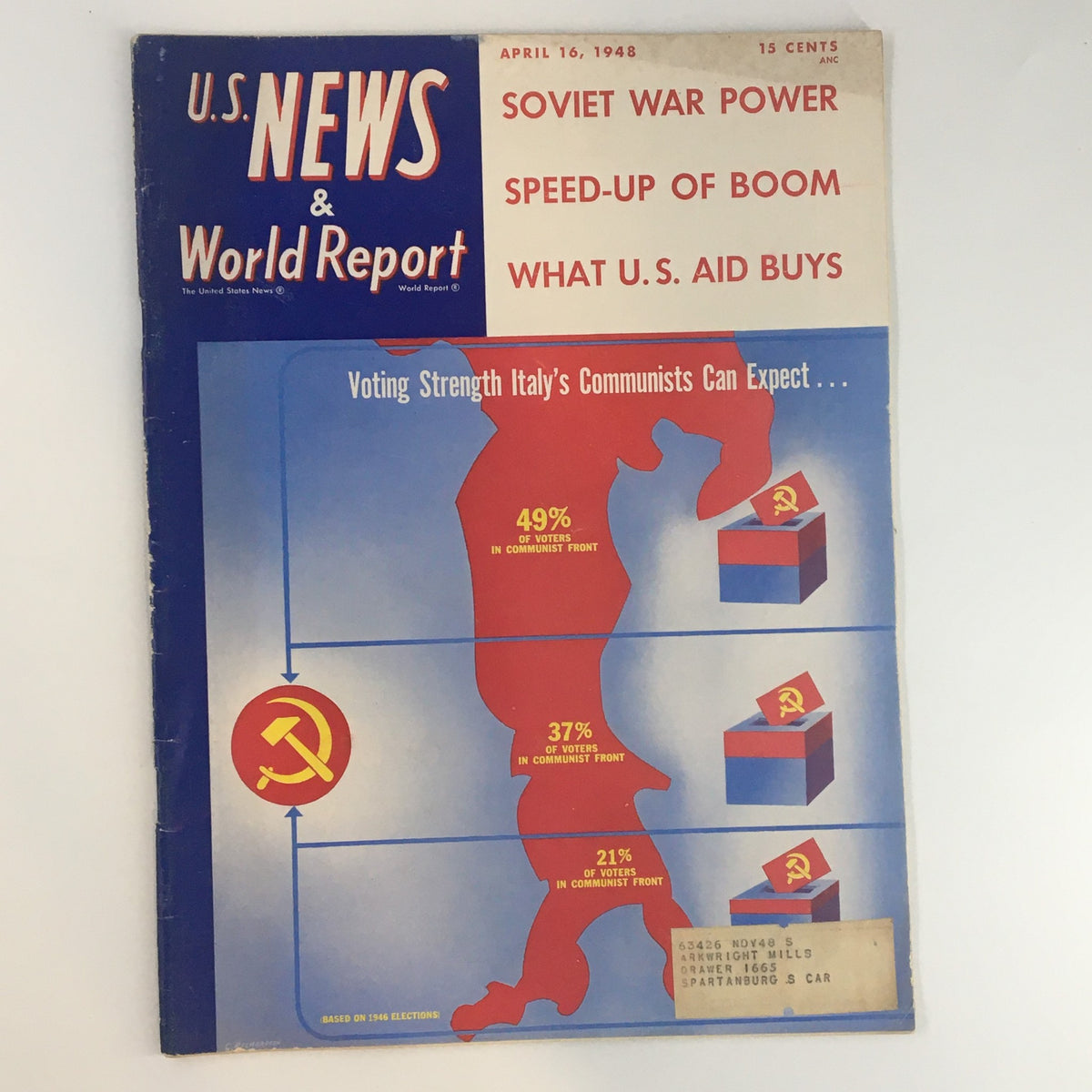 Cover of U.S. News & World Report Magazine dated April 16, 1948, featuring the main topics of Soviet War Power, Speed-Up of Boom, and What U.S. Aid Buys, along with a graphical representation of Italy's Communist voting strengths.