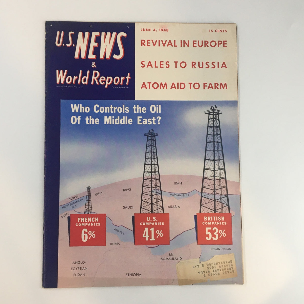 U.S. News & World Report Magazine from June 4, 1948, featuring the cover story 'Who Controls the Oil of the Middle-East,' displaying oil rigs and a map illustrating oil company percentages by country.