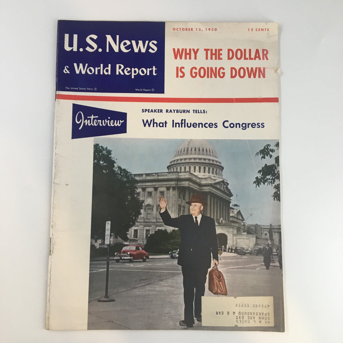 U.S. News & World Report Magazine from October 13, 1950, featuring the headline 'What Influences Congress'. The cover displays a photograph of a man in a suit and hat waving, with the U.S. Capitol building in the background and the text 'Interview' prominently displayed.