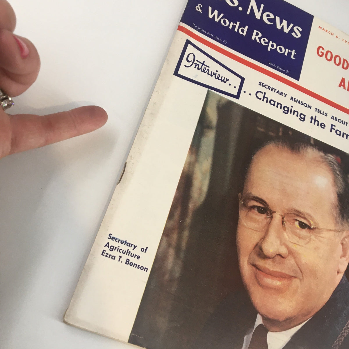 Detail of the U.S. News & World Report Magazine March 6 1953 cover highlighting Secretary of Agriculture Ezra T. Benson and the interview section on farm policy.