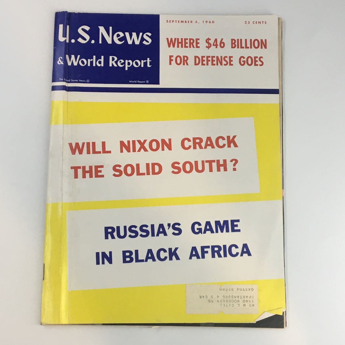 Cover of the U.S. News & World Report Magazine from September 5, 1960, featuring the headline 'Will Nixon Crack the Solid South?' and an article on 'Russia's Game in Black Africa', showcasing vintage political journalism.
