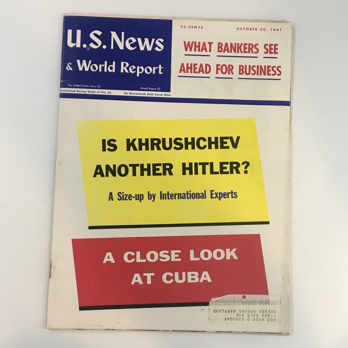 Cover of U.S. News & World Report Magazine, October 30, 1961, featuring the bold headline 'Is Khrushchev Another Hitler?' with additional text on Cuba, highlighting Cold War themes.