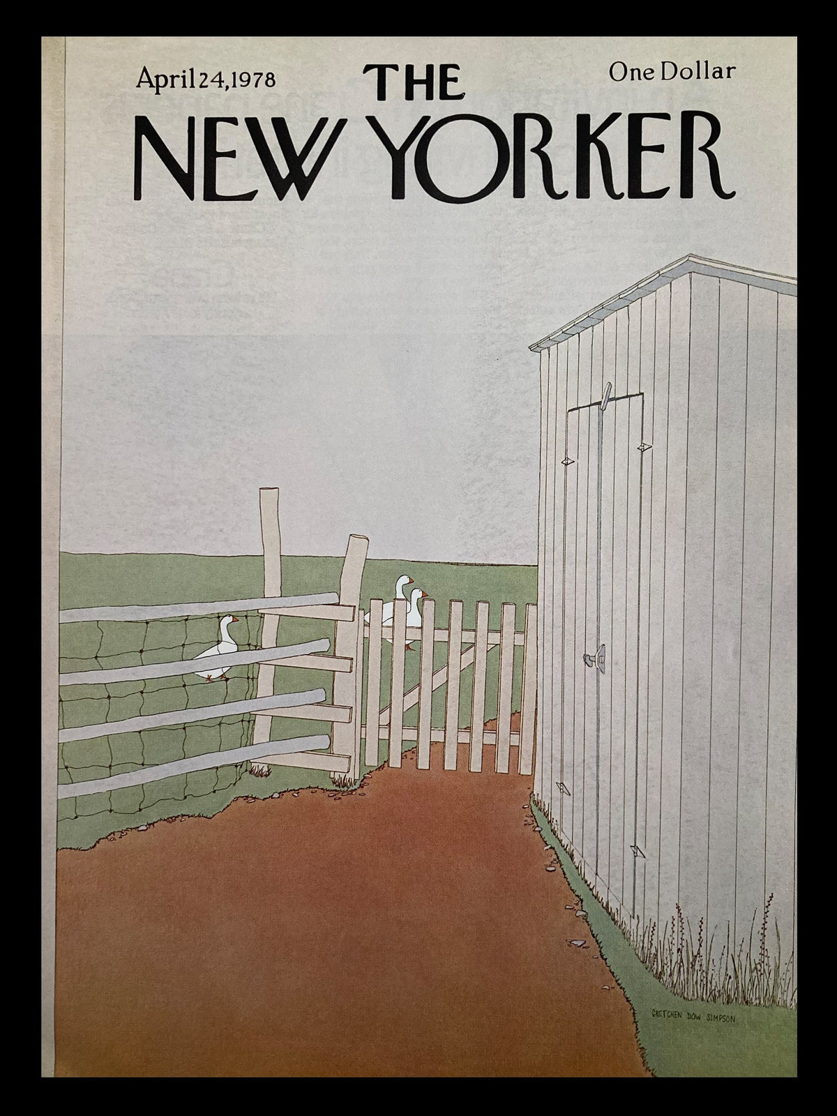 Cover of The New Yorker dated April 24, 1978, titled 'Farm Friends' illustrated by Gretchen Dow Simpson, featuring a rural scene with a barn, a fence, and ducks.