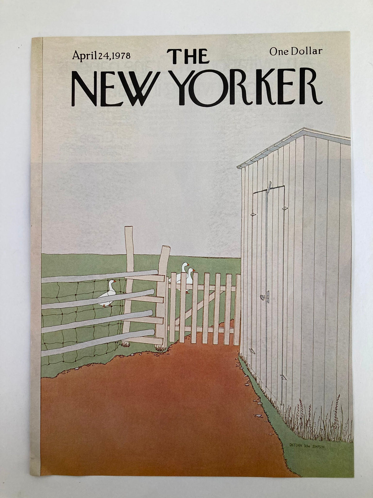 Cover of The New Yorker, April 24, 1978, titled 'Farm Friends' by Gretchen Dow Simpson, featuring a rural scene with a fence and a barn.
