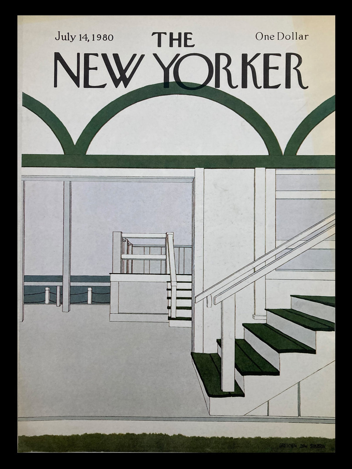 COVER ONLY The New Yorker July 14 1980 featuring artwork titled 'Stairs' by Gretchen Dow Simpson, showcasing a minimalist interior with stairs and a view of the ocean, perfect for art collectors.