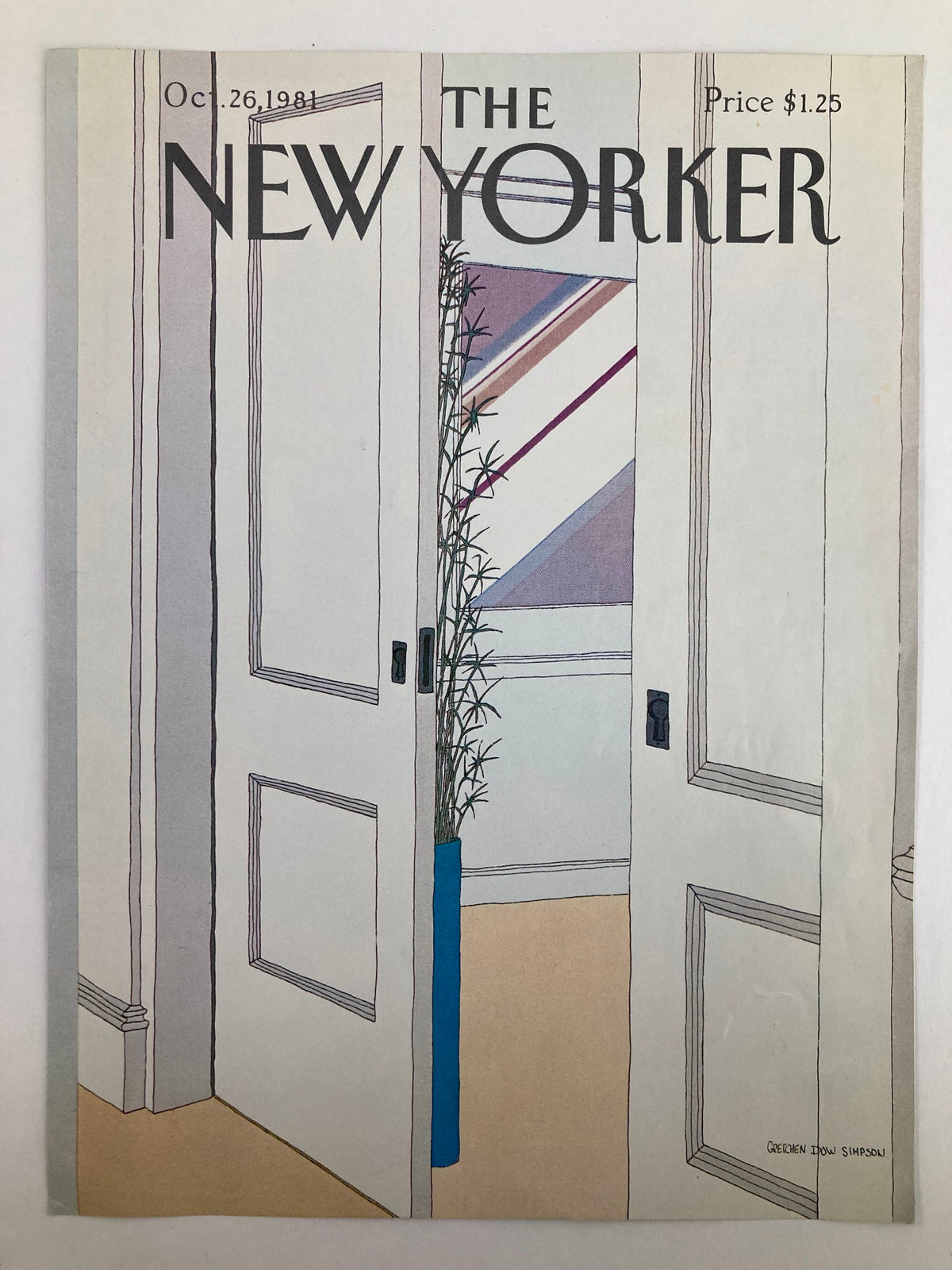 COVER ONLY The New Yorker October 26, 1981 Indoor Plant by Gretchen Dow Simpson, featuring a minimalist illustration of an indoor plant behind an open door.