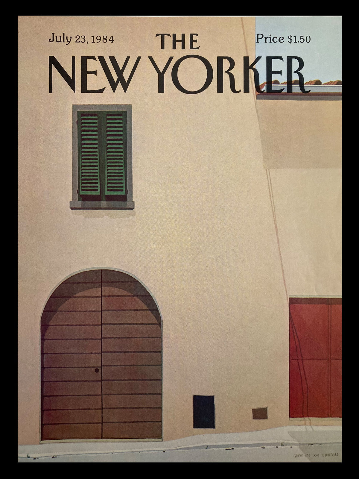 COVER ONLY The New Yorker July 23 1984, featuring a curved brown door and green shutters by artist Gretchen Dow Simpson. A classic magazine cover showcasing vintage design.