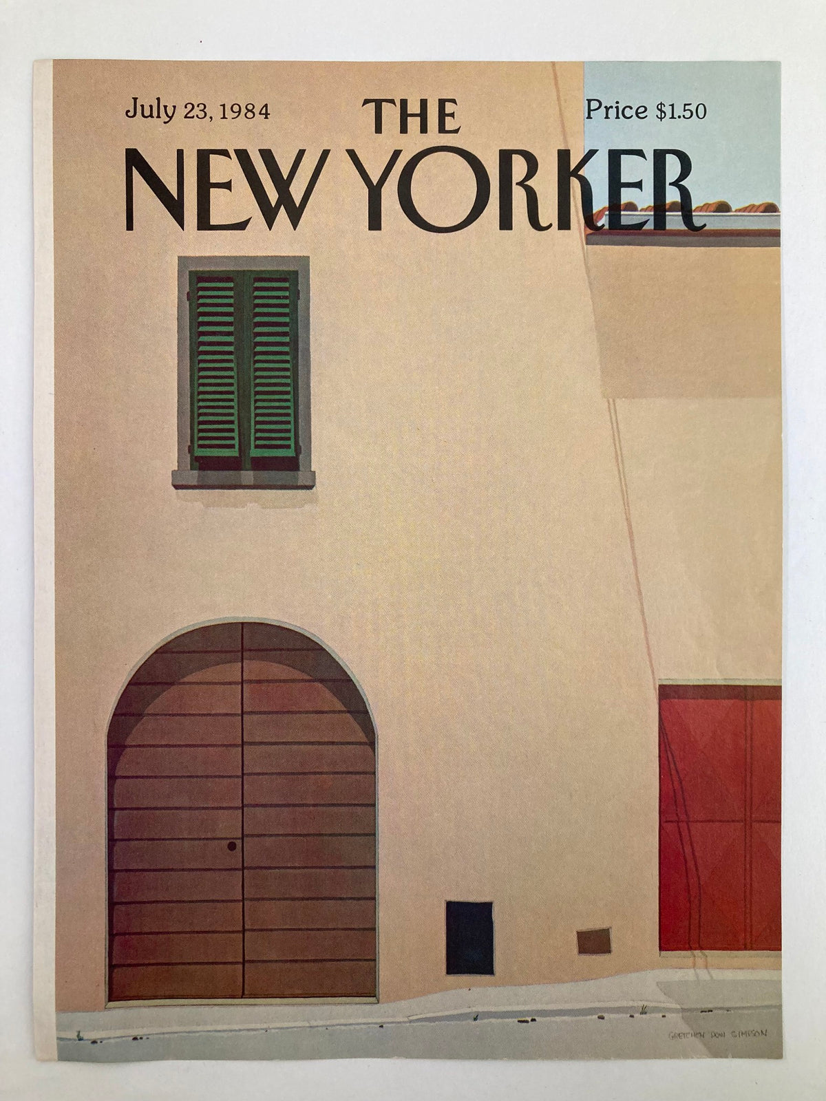 COVER ONLY The New Yorker July 23 1984, displaying a detailed illustration of a curved brown door and green shutters, designed by Gretchen Dow Simpson. A unique addition to any art collection.
