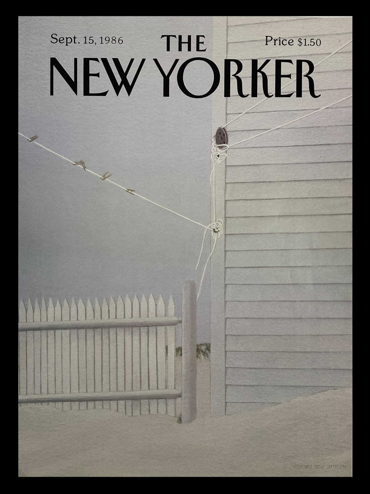 Cover of The New Yorker dated September 15, 1986, featuring the artwork titled 'Laundry Line' by Gretchen Dow Simpson, depicting a serene domestic scene with a white picket fence and clothesline.