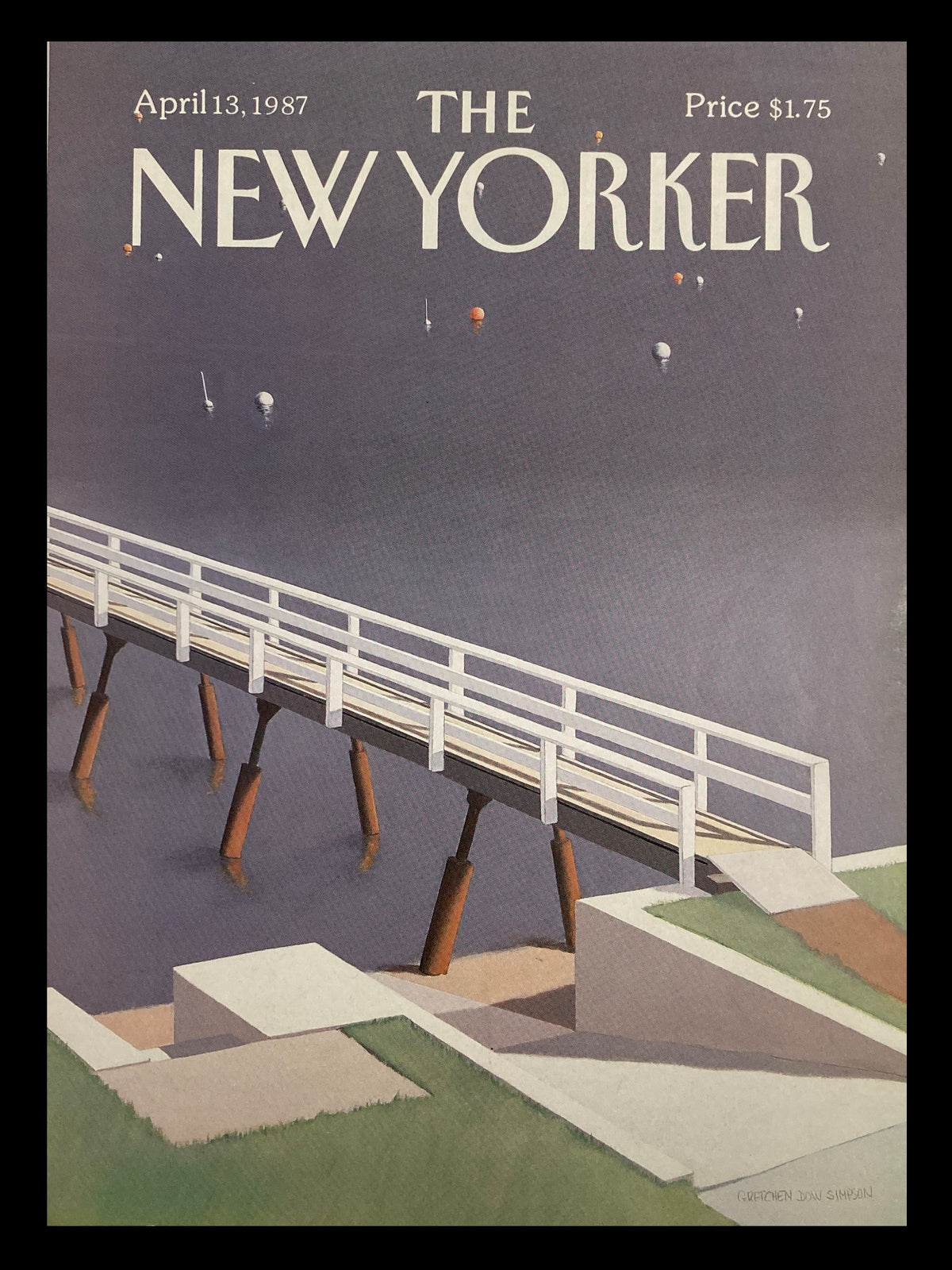 The New Yorker April 13, 1987 cover featuring the artwork 'Narrow Bridge' by Gretchen Dow Simpson, showcasing a white bridge over calm water.