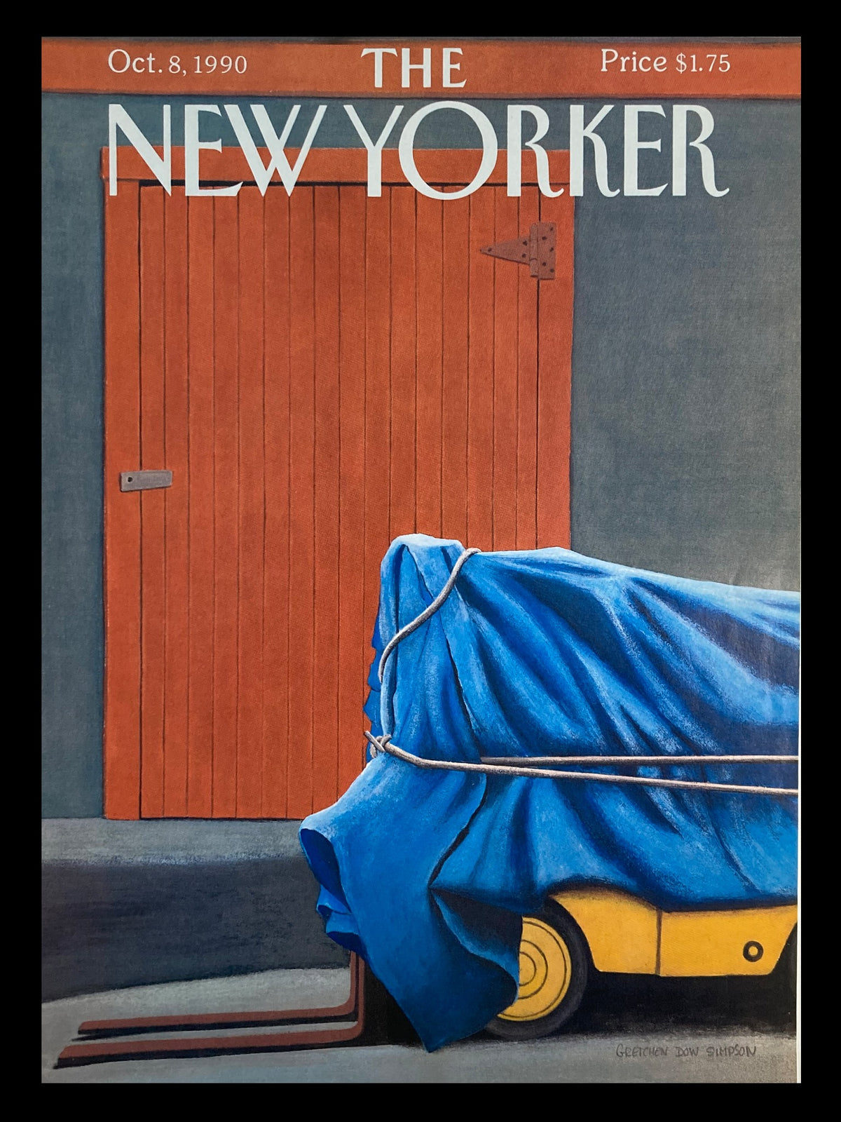The New Yorker cover from October 8, 1990, titled 'The Forklift' by Gretchen Dow Simpson, featuring a blue tarp covering a forklift in front of an orange wooden door.