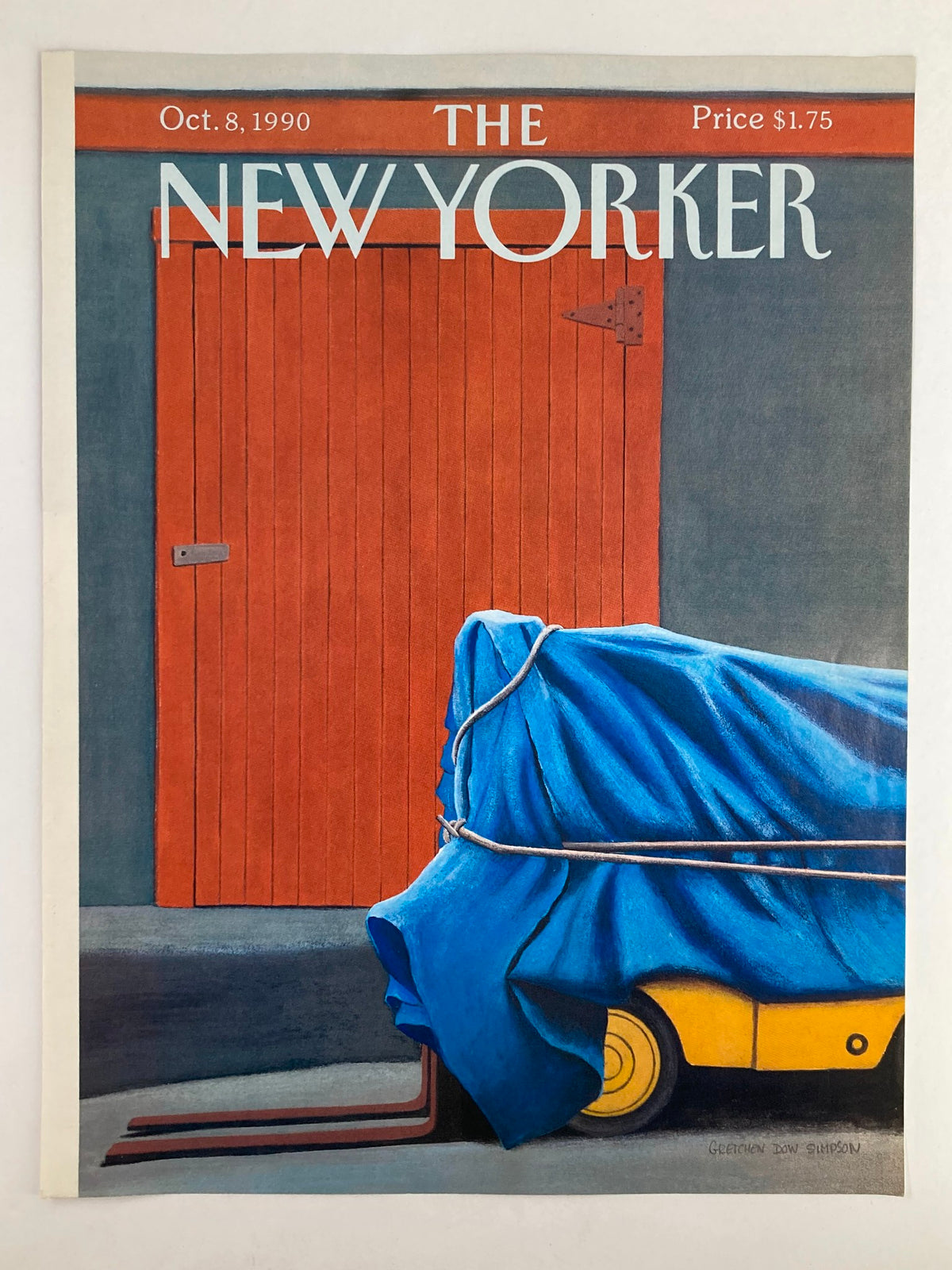 The New Yorker cover dated October 8, 1990, titled 'The Forklift' by Gretchen Dow Simpson, showcasing a covered forklift against a vibrant orange door.