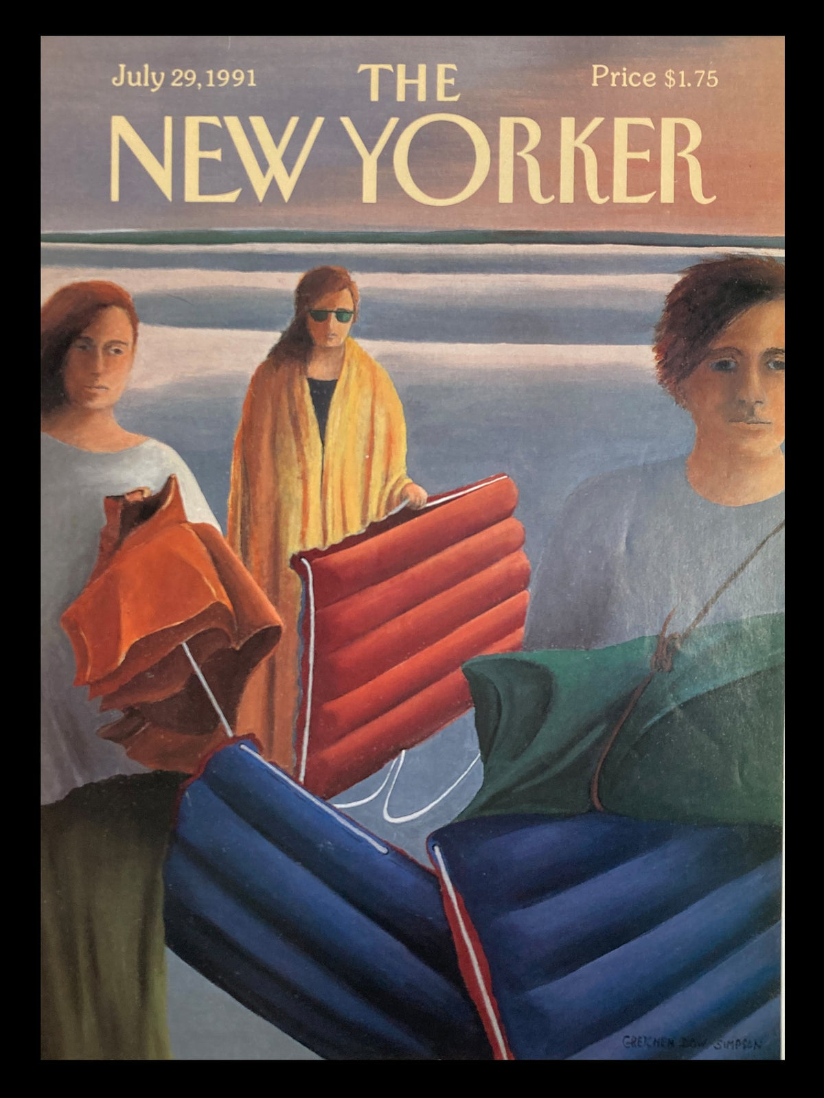 COVER ONLY The New Yorker July 29 1991 Swimming Floats by Gretchen Dow Simpson, featuring three figures holding colorful swimming floats against a serene beach backdrop.