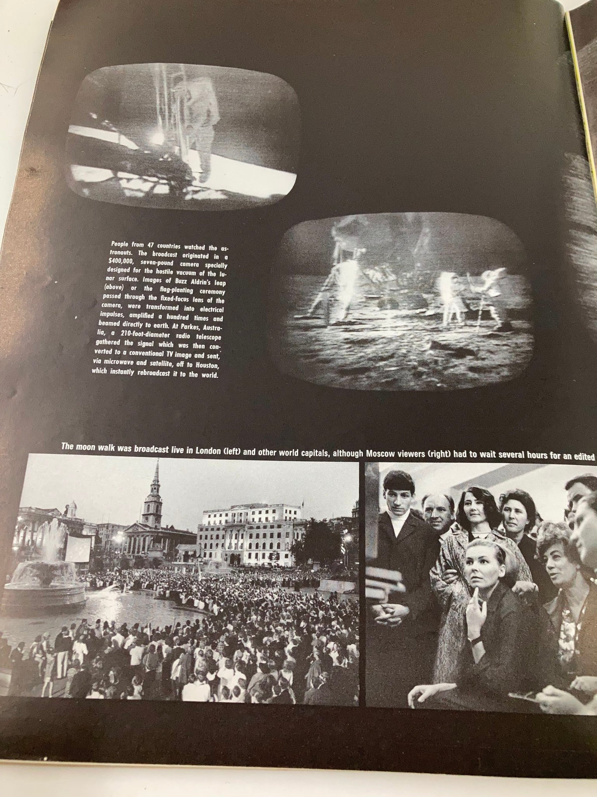 Vintage black and white images from VTG Life Magazine 1969 To The Moon and Back showcasing historic moon landing broadcasts and a captivated global audience, illustrating the excitement of space exploration.